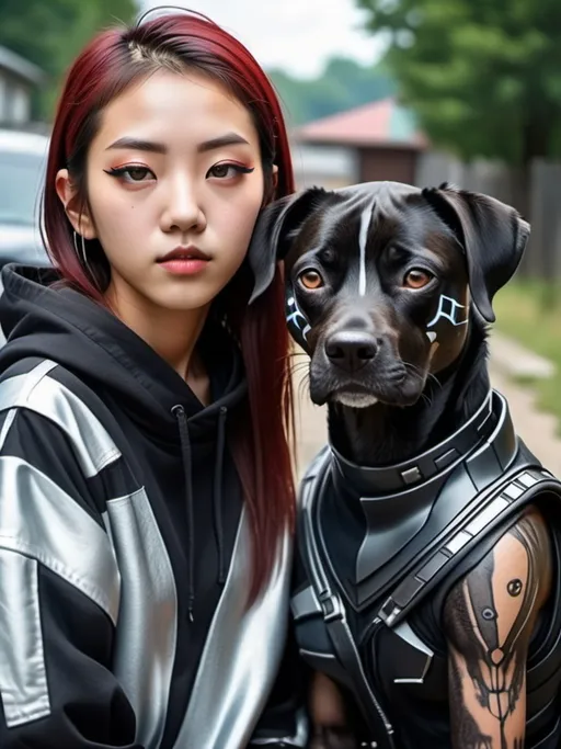 Prompt: mountain cur black dog cyber punk ninja with half korean girl