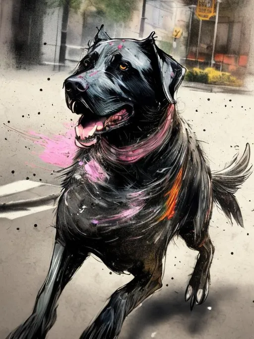 Prompt: a black dog wearing clothes chasing a chicken in the streets, sketch, detailed background, highres, fun atmosphere, natural lighting, pastel colors, abstract, fun