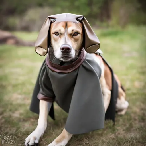 Prompt: black mountain cur dog LARPing in cosplay