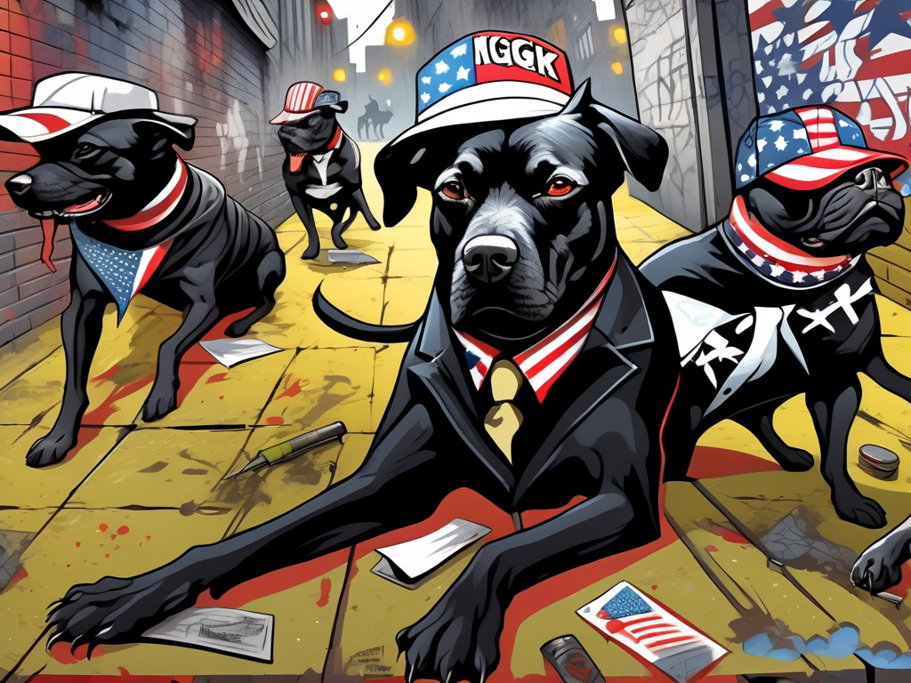 Prompt: surreal, Abstract art of a black dogs in gangster clothes, graffiti, streets, patriotic, detailed, atmospheric lighting, battle in the background, highres, abstract, gangster, detailed clothing, patriotic theme, streets, atmospheric lighting, dogs