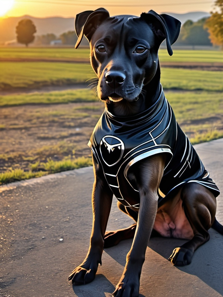 Prompt: all black mountain cur dog cyber punk ninja in sun set