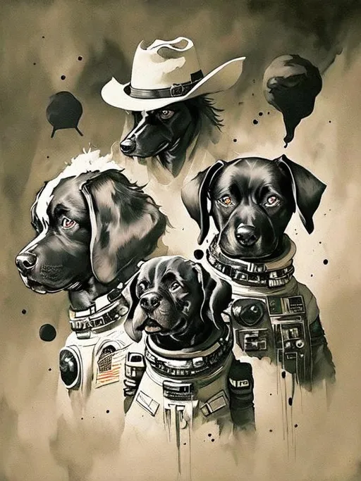 Prompt: Surrealism black dogs in cowboy outfits in space, abstract art style, cowboy hat, eerie atmosphere, floating celestial bodies, mysterious nebulae, dreamlike, surreal, high contrast, otherworldly, abstract, space, astronaut, eerie atmosphere, celestial bodies, dreamlike, surreal, high contrast, mysterious, nebulae, dogs