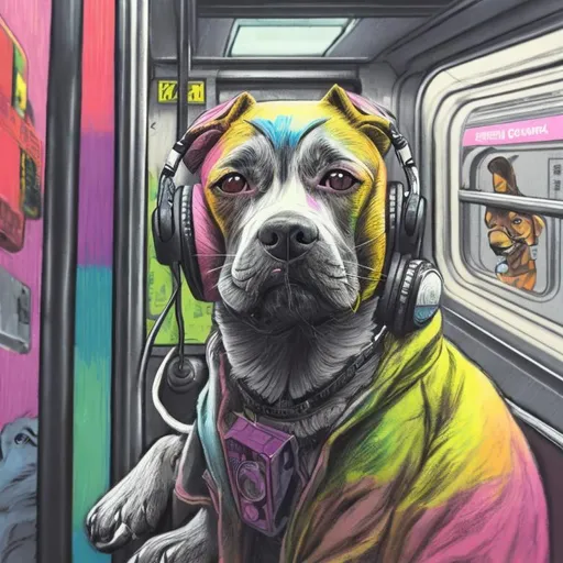 Prompt: pop art chalk pastel art of a detailed dog listening to music on the subway train in cyberpunk japan with planes in the background, sketch, detailed background, highres, fun atmosphere, natural lighting,  abstract, fun