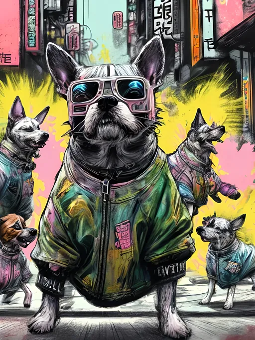 Prompt: pop art chalk pastel art of detailed dogs wearing gangster clothes playing in the streets in cyberpunk japan during a festival, sketch, detailed background, highres, fun atmosphere, natural lighting,  abstract, fun