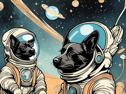 Prompt: Art Nouveau style black dogs in space in astronaut outfits