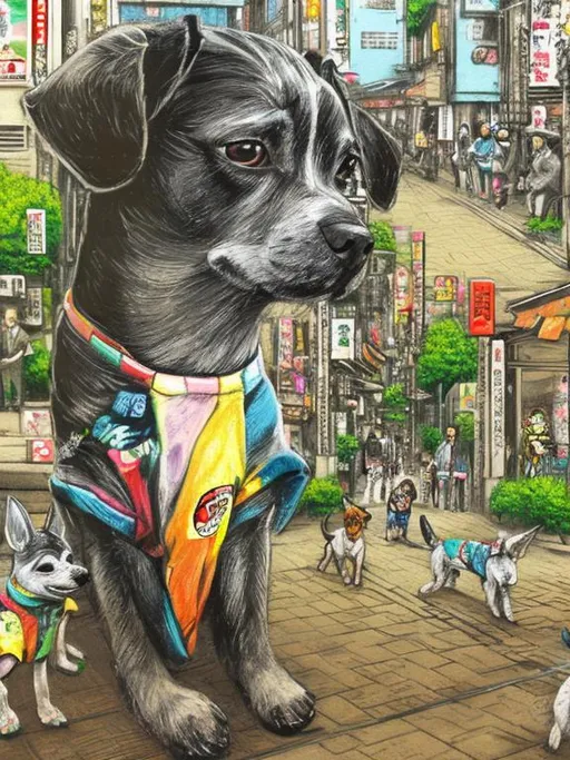 Prompt: pop art chalk pastel art of detailed dogs wearing clothes playing in the streets in japan during a festival, sketch, detailed background, highres, fun atmosphere, natural lighting,  abstract, fun