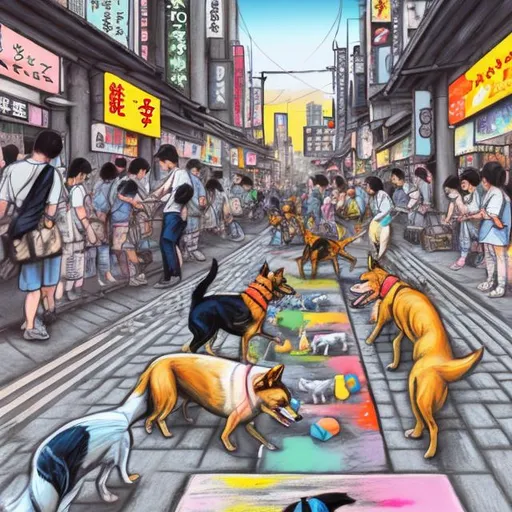 Prompt: pop art chalk pastel art of detailed dogs playing in the streets in japan during a festival, sketch, detailed background, highres, fun atmosphere, natural lighting,  abstract, fun