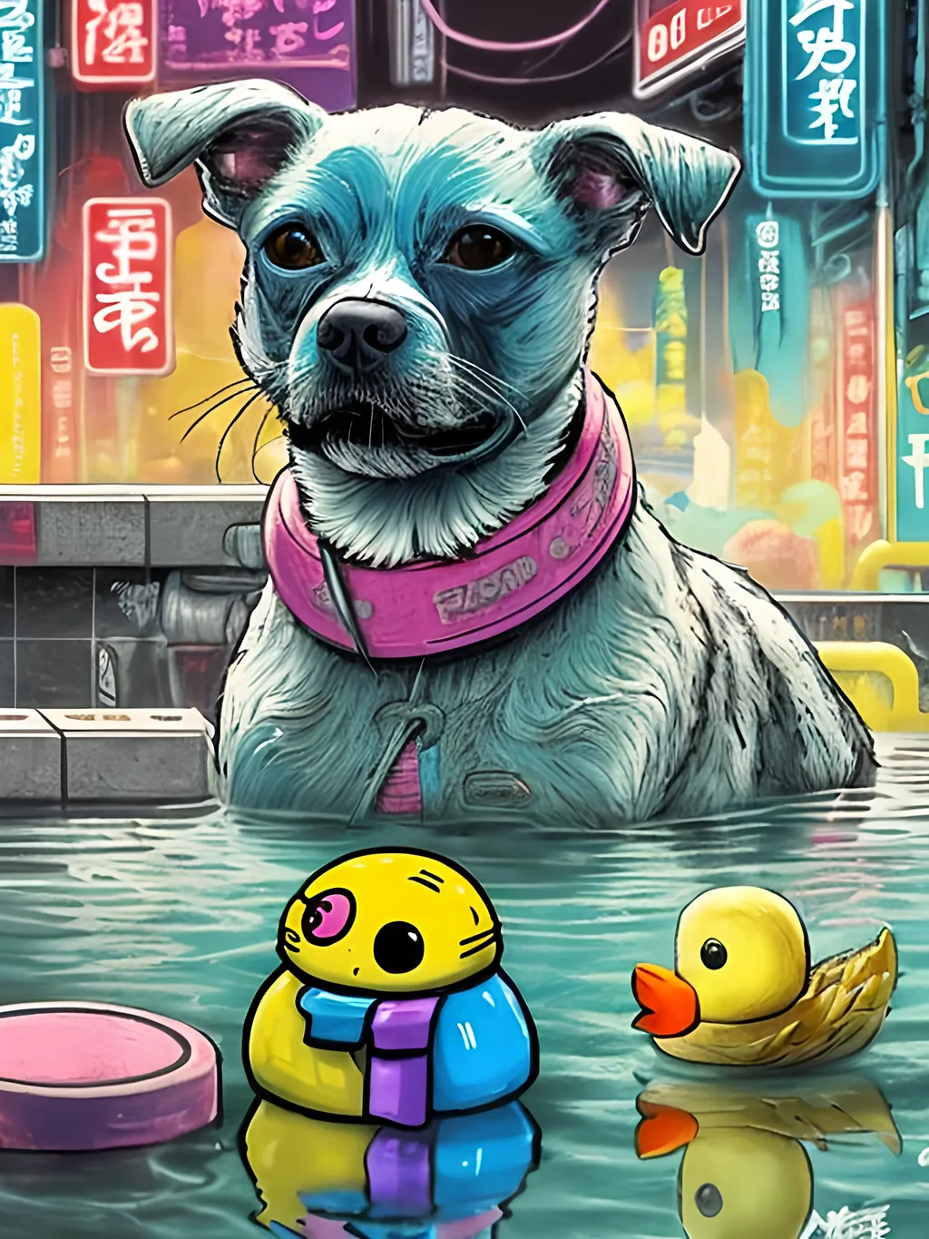 Prompt: pop art chalk pastel art of detailed dog taking a bath with a rubber ducky in cyberpunk japan, sketch, detailed background, highres, fun atmosphere, natural lighting,  abstract, fun