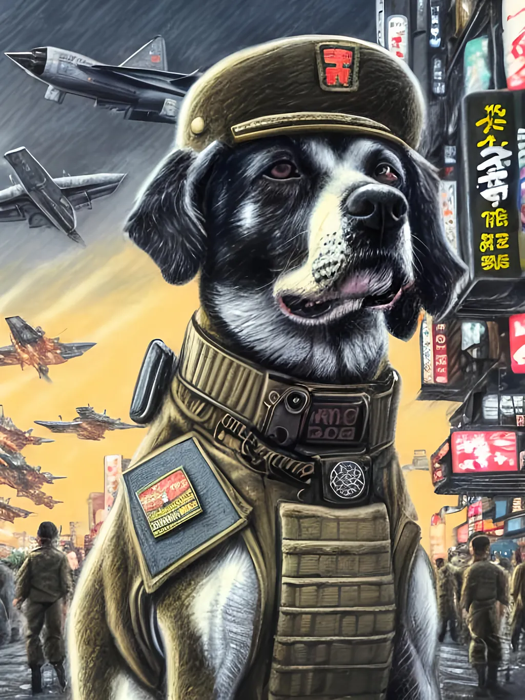 Prompt: chalk pastel art of a detailed dog wearing a military uniform on the streets in cyberpunk japan during a festival with planes in the background, sketch, detailed background, highres, fun atmosphere, natural lighting,  abstract, fun