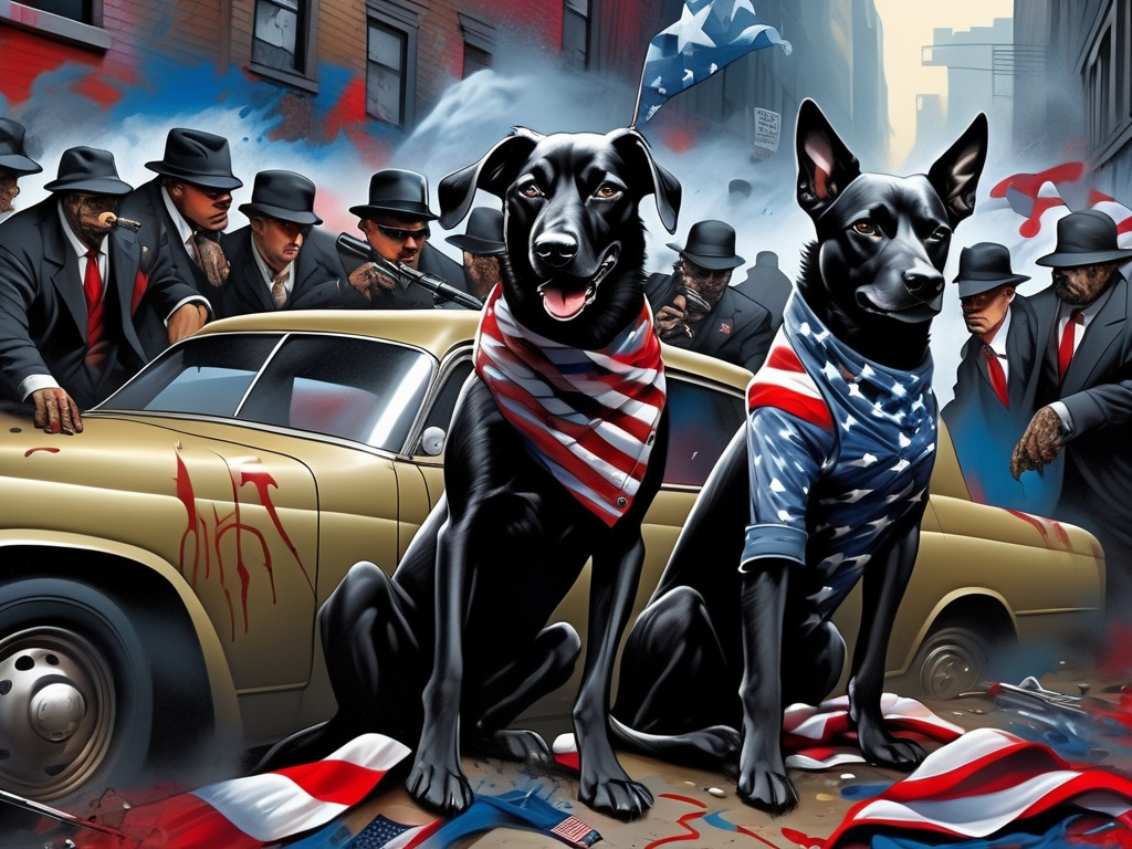 Prompt: surreal, Abstract art of a black dogs in gangster clothes, graffiti, streets, patriotic, detailed, atmospheric lighting, battle in the background, highres, abstract, gangster, detailed clothing, patriotic theme, streets, atmospheric lighting, dogs