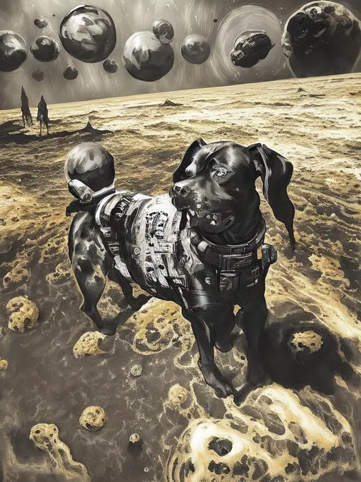 Prompt: Surrealism black dogs in cowboy outfits in space, abstract art style, cowboy hat, eerie atmosphere, floating celestial bodies, mysterious nebulae, dreamlike, surreal, high contrast, otherworldly, abstract, space, astronaut, fun atmosphere, celestial bodies, dreamlike, surreal, high contrast, mysterious, nebulae, dogs