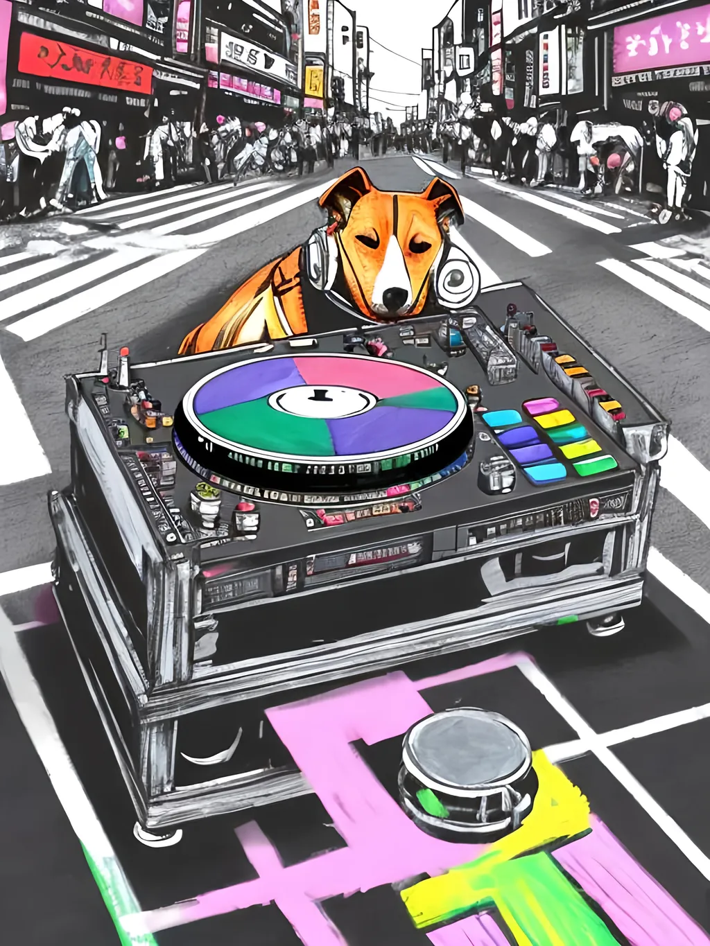 Prompt: pop art chalk pastel art of detailed dog DJing in the streets in Japan, sketch, detailed background, highres, fun atmosphere, natural lighting,  abstract, fun