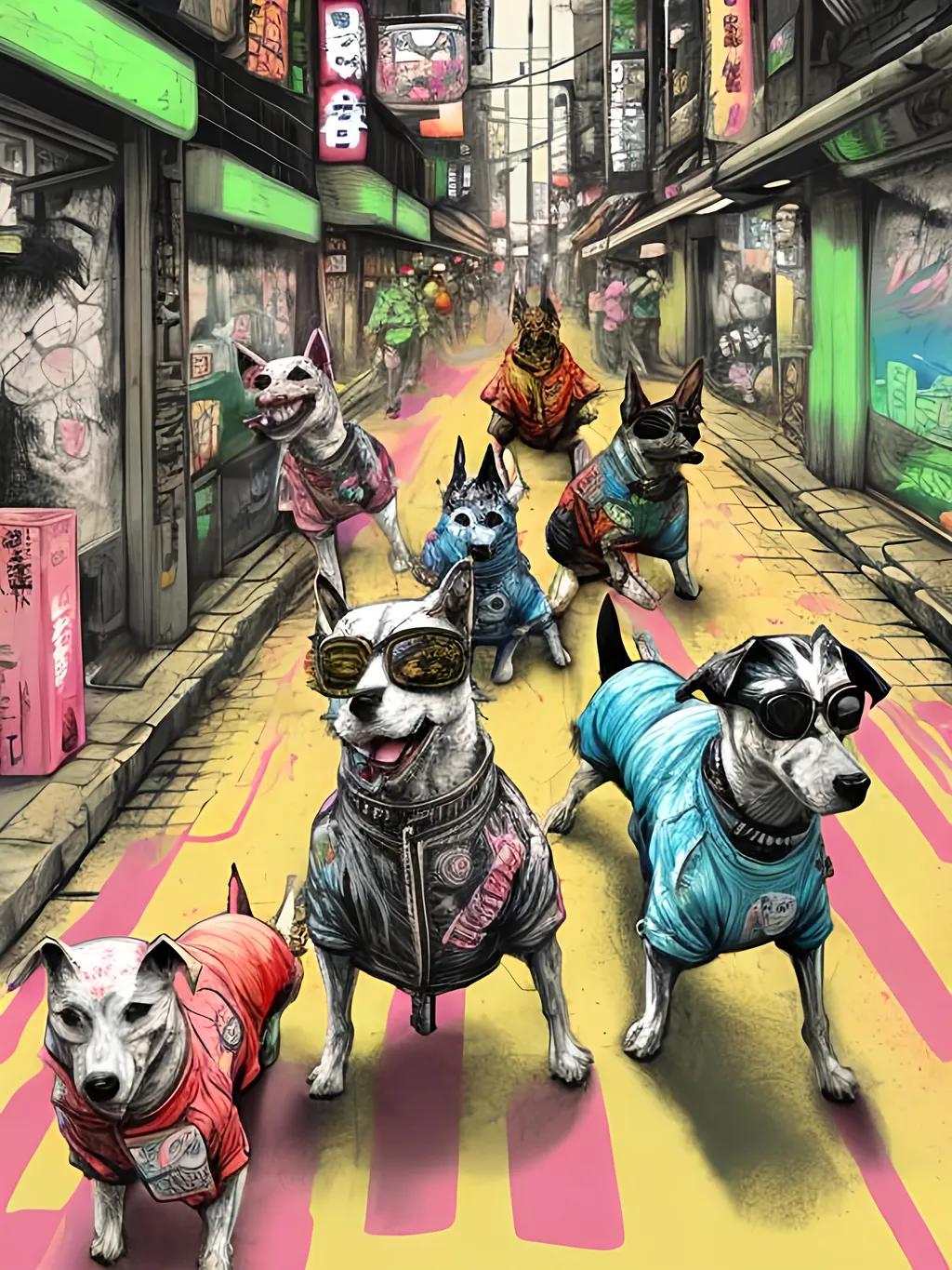 Prompt: pop art chalk pastel art of detailed dogs wearing gangster clothes playing in the streets in cyberpunk japan during a festival, sketch, detailed background, highres, fun atmosphere, natural lighting,  abstract, fun
