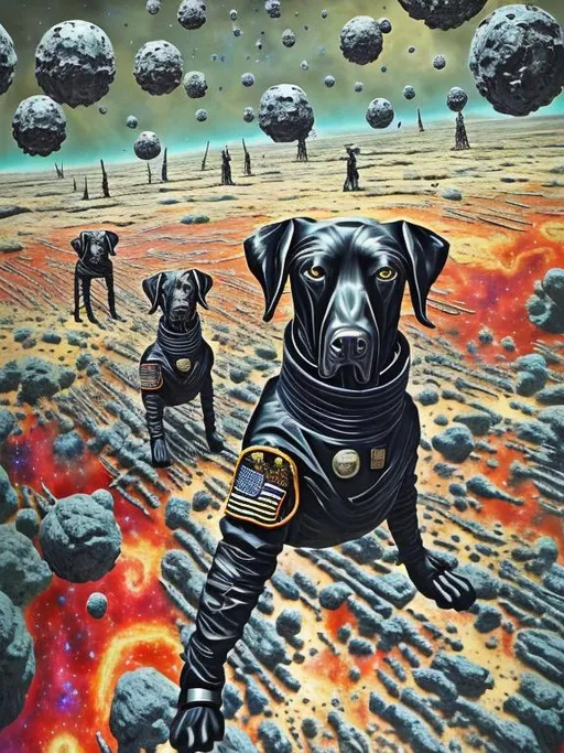Prompt: Surrealism black dogs in soldier outfits in space, abstract art style, cowboy hat, fun atmosphere, floating celestial bodies, mysterious nebulae, dreamlike, surreal, high contrast, otherworldly, abstract, space, astronaut, fun atmosphere, celestial bodies, dreamlike, surreal, high contrast, mysterious, nebulae, dogs, usa, patriotic, trump