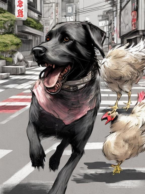 Prompt: a black dog wearing clothes chasing a chicken in the streets in japan, sketch, detailed background, highres, fun atmosphere, natural lighting, pastel colors, abstract, fun