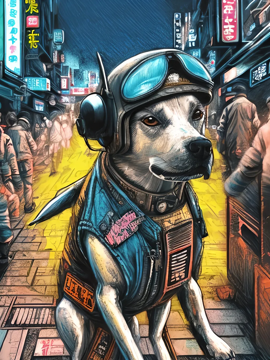 Prompt: pop art chalk pastel art of a detailed dog wearing a pilot uniform playing in the streets in cyberpunk japan during a festival, sketch, detailed background, highres, fun atmosphere, natural lighting,  abstract, fun