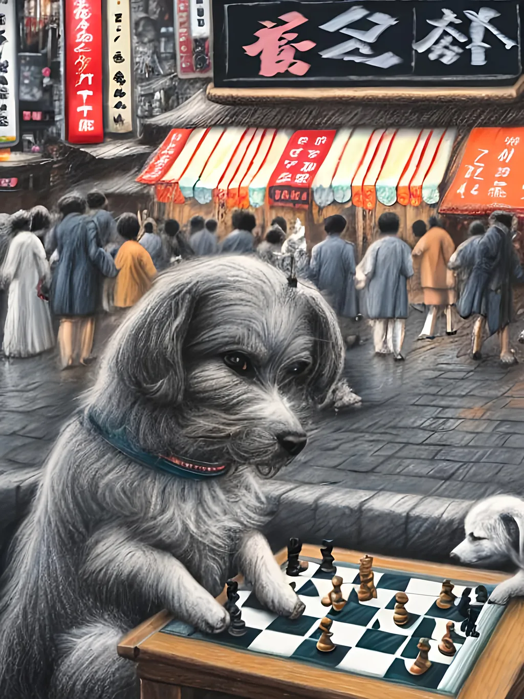 Prompt: chalk pastel art of detailed dog playing chess in the streets in Japan during a festival, sketch, detailed background, highres, fun atmosphere, natural lighting,  abstract, fun