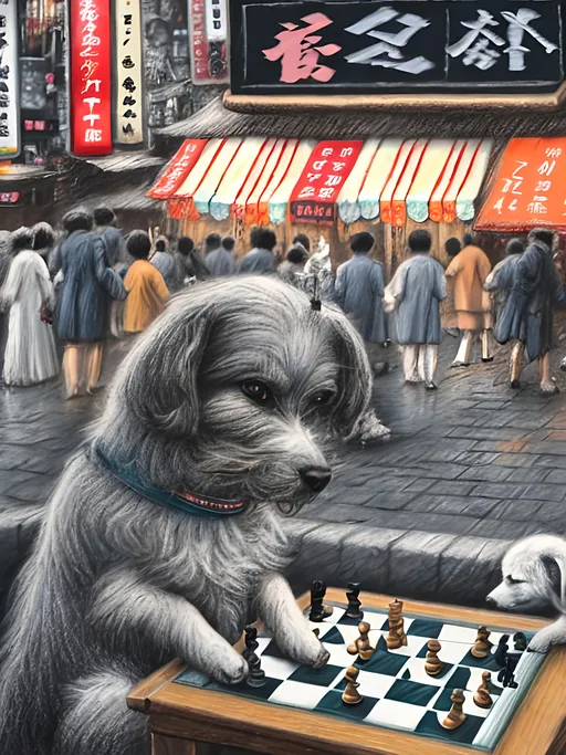 Prompt: chalk pastel art of detailed dog playing chess in the streets in Japan during a festival, sketch, detailed background, highres, fun atmosphere, natural lighting,  abstract, fun