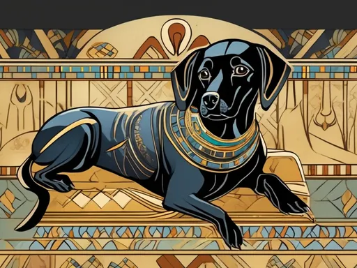 Prompt: Art Nouveau style black dog in egyptian clothing