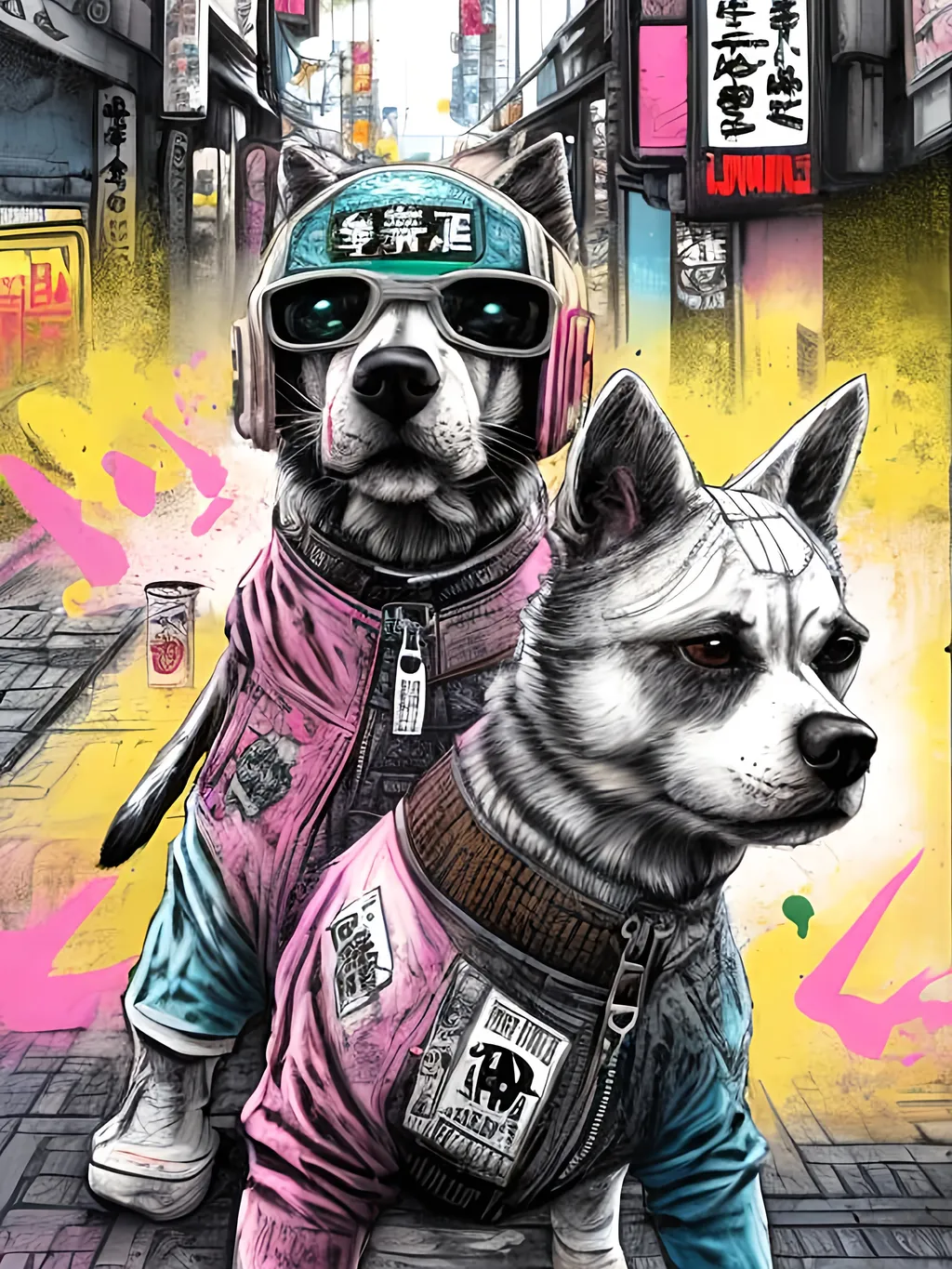 Prompt: pop art chalk pastel art of detailed dogs wearing gangster clothes playing in the streets in cyberpunk japan during a festival, sketch, detailed background, highres, fun atmosphere, natural lighting,  abstract, fun