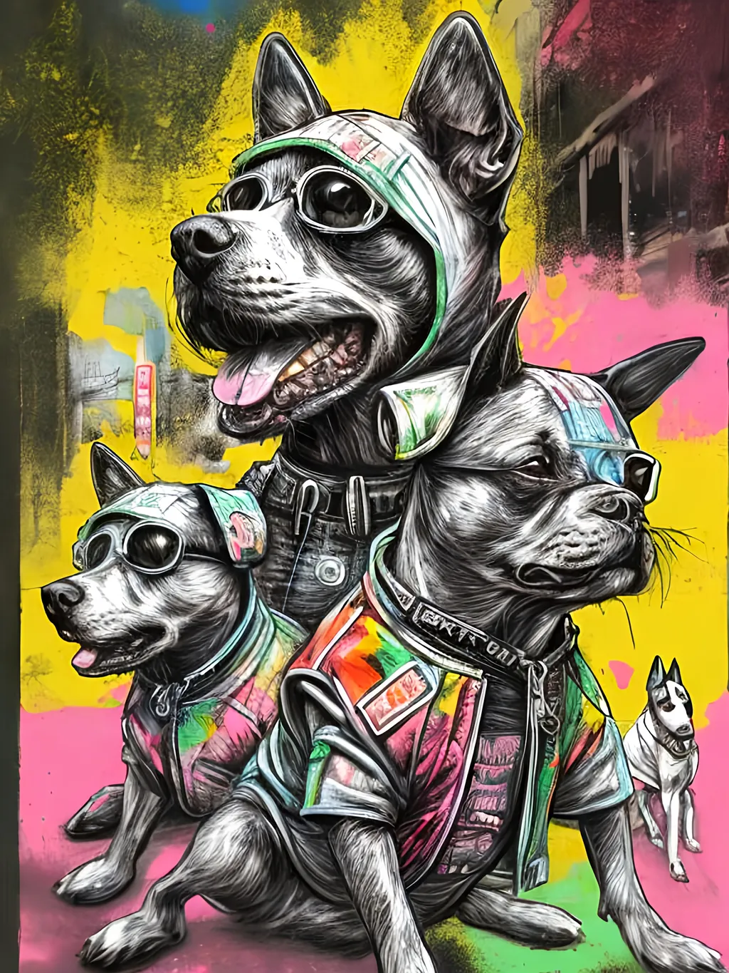 Prompt: pop art chalk pastel art of detailed dogs wearing gangster clothes playing in the streets in cyberpunk japan during a festival, sketch, detailed background, highres, fun atmosphere, natural lighting,  abstract, fun