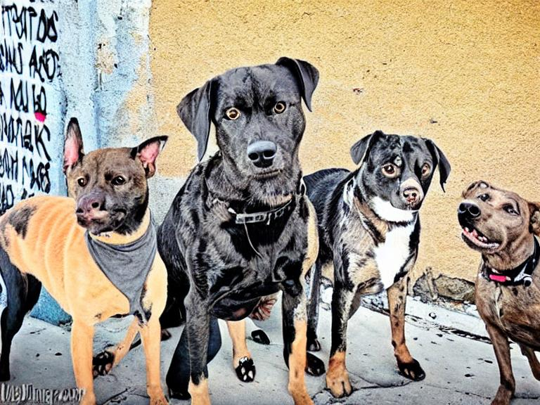 Prompt: mountain cur black dogs in gangster rappers clothing graffiti