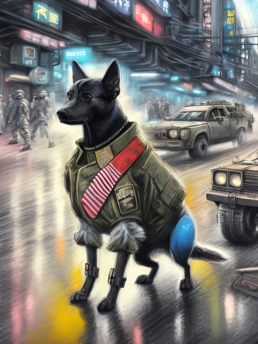 Prompt: chalk pastel art of a detailed dog wearing a military uniform on the streets in cyberpunk japan during a festival with planes in the background, sketch, detailed background, highres, fun atmosphere, natural lighting,  abstract, fun