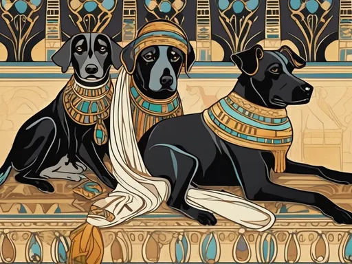 Prompt: Art Nouveau style black dogs in egyptian clothing