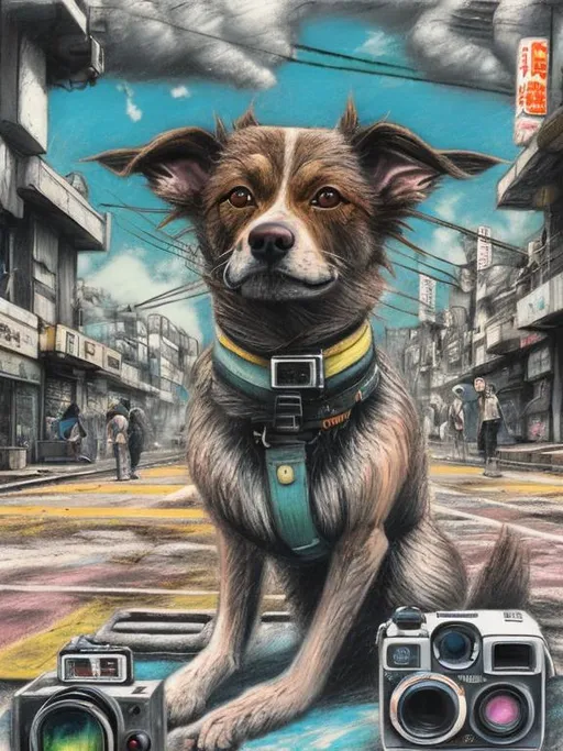 Prompt: chalk pastel art of a detailed dog with a polaroid camera on the streets in post-apocalyptic Japan during a festival with planes in the background, sketch, detailed background, highres, fun atmosphere, natural lighting,  abstract, fun