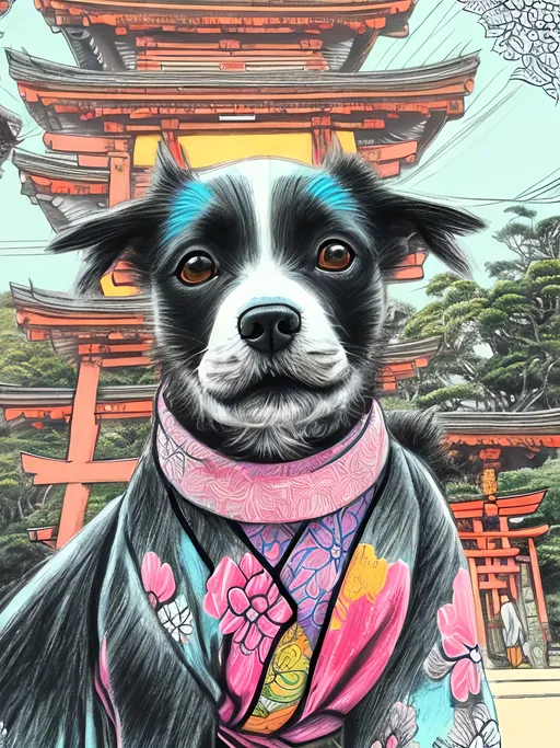 Prompt: pop art chalk pastel style of a  detailed dog in a kimono at a shrine, sketch, detailed background, highres, fun atmosphere, natural lighting,  abstract, fun