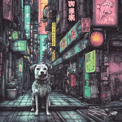 Prompt: pop art chalk pastel, a detailed grunge dog in the streets in cyberpunk japan, detailed background, natural lighting, highres, fun