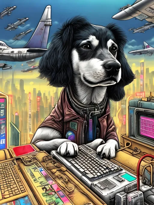 Prompt: pop art chalk pastel art of a detailed dog hacking a computer on the subway train in cyberpunk japan with planes in the background, sketch, detailed background, highres, fun atmosphere, natural lighting,  abstract, fun