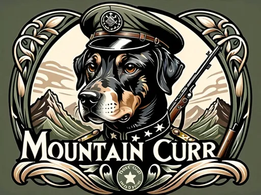 Prompt: Mountain cur black dog in soldier clothing Art Nouveau style