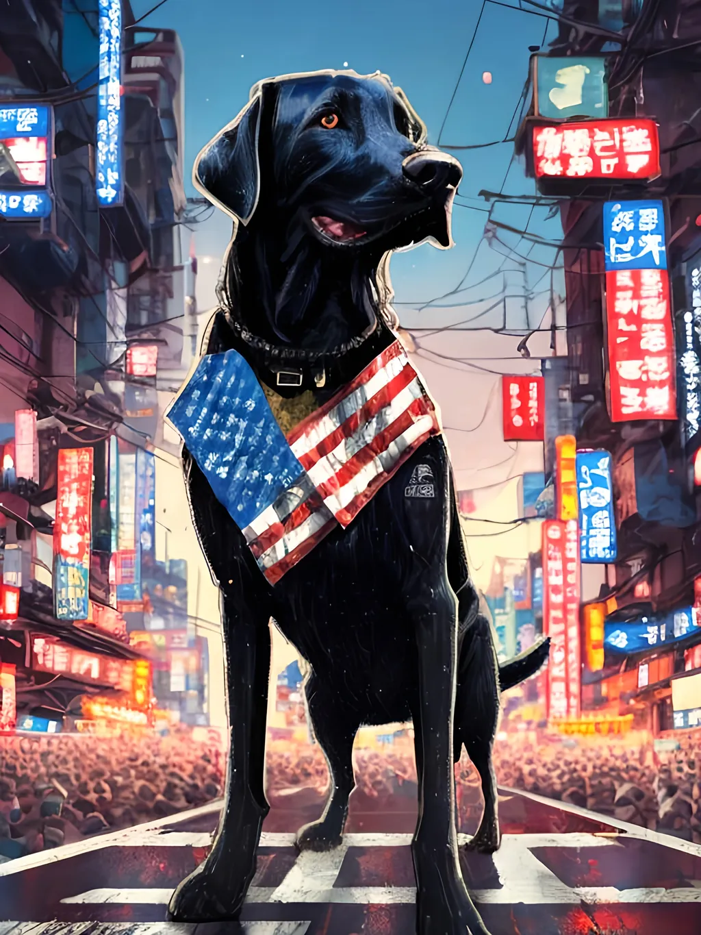 Prompt: a detailed mountain cur black dog wearing usa clothes at a city rally in cyberpunk japan, pop art chalk pastel, detailed background, high res, fun