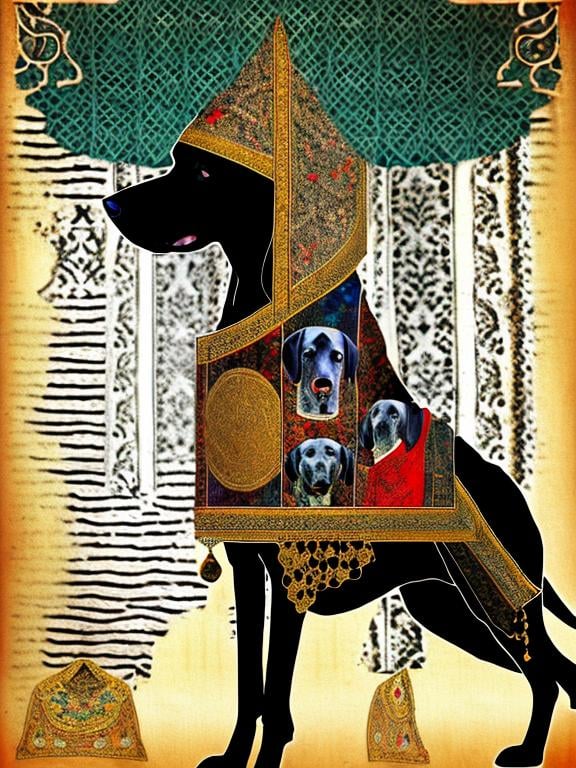 Prompt: black dog in persian clothing Dadaism style art