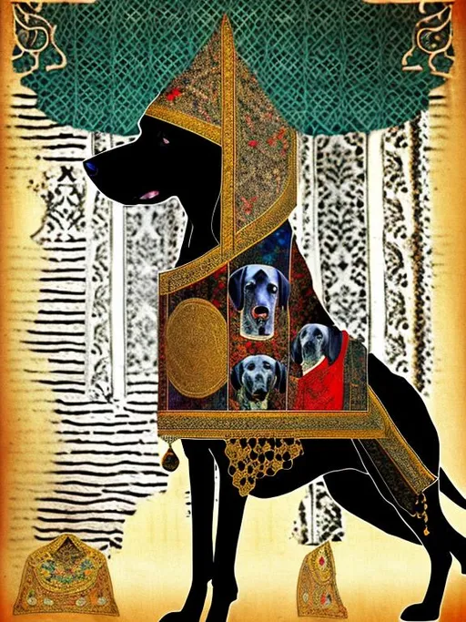 Prompt: black dog in persian clothing Dadaism style art