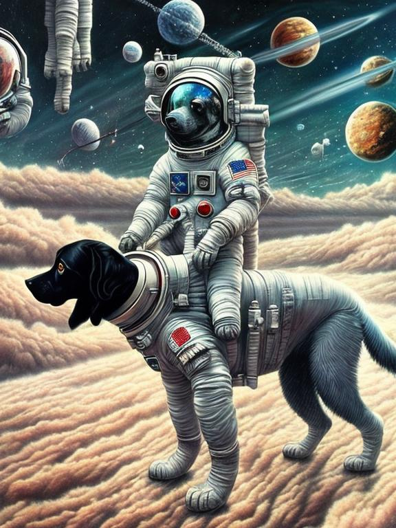 Prompt: Surrealism art, black dogs in astronaut outfits, space background, surrealistic, abstract, detailed fur, cosmic colors, dreamlike atmosphere, high quality, surrealism, astronaut dogs, abstract art, cosmic, detailed, surreal colors, space setting, dreamy lighting