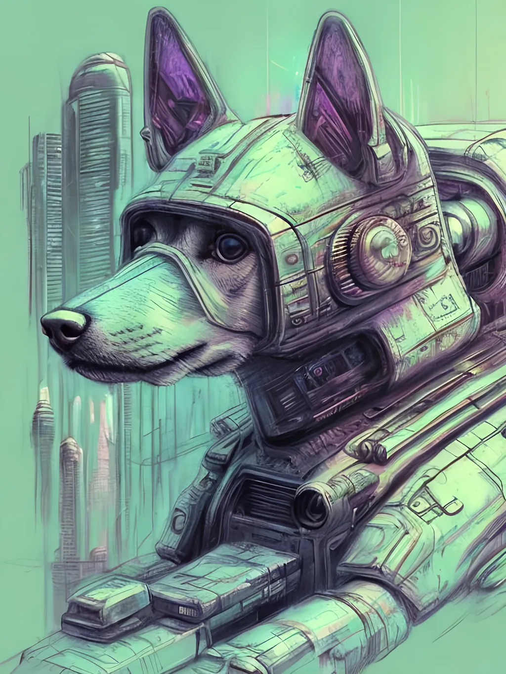 Prompt: chalk pastel style of a  detailed dog in a cyberpunk spaceship, sketch, detailed background, highres, fun atmosphere, natural lighting,  abstract, fun