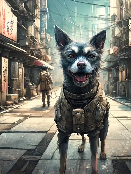 Prompt: chalk pastel style of a detailed dog in the streets in post-apocalyptic japan during a festival, sketch, detailed background, highres, fun atmosphere, natural lighting,  abstract, fun