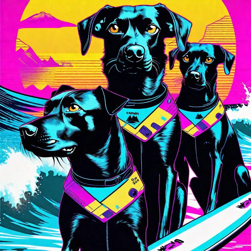 Prompt: mountain cur black dogs in cyberpunk surfing 90s poster