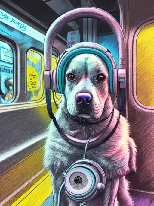 Prompt: pop art chalk pastel art of a detailed dog listening to music on the train in cyberpunk japan during a festival, sketch, detailed background, highres, fun atmosphere, natural lighting,  abstract, fun