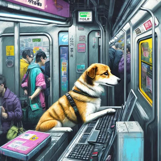 Prompt: pop art chalk pastel art of a detailed dog hacking a computer on the subway train in cyberpunk japan with planes in the background, sketch, detailed background, highres, fun atmosphere, natural lighting,  abstract, fun