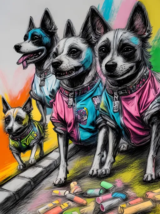 Prompt: pop art chalk pastel art of detailed dogs wearing gangster clothes playing in the streets in japan during a festival, sketch, detailed background, highres, fun atmosphere, natural lighting,  abstract, fun