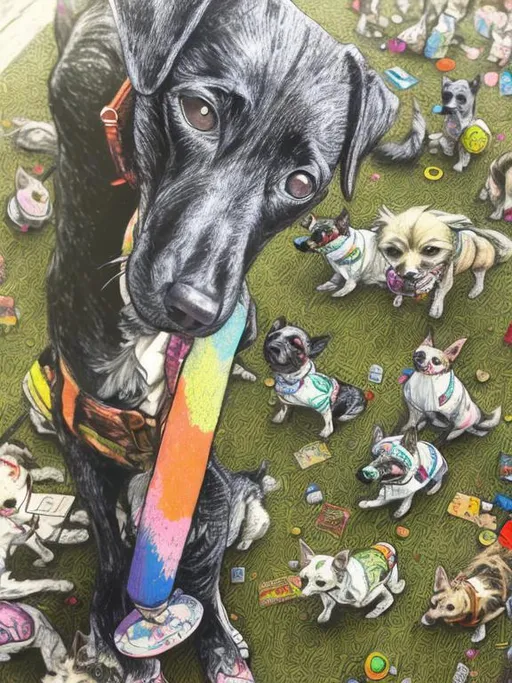 Prompt: pop art chalk pastel art of detailed dogs wearing clothes playing in the streets in japan during a festival, sketch, detailed background, highres, fun atmosphere, natural lighting,  abstract, fun