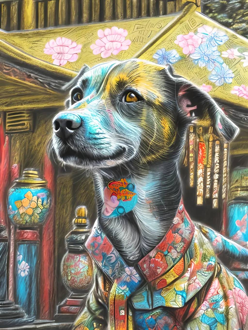 Prompt: pop art chalk pastel style of a  detailed dog in a kimono at a shrine, sketch, detailed background, highres, fun atmosphere, natural lighting,  abstract, fun