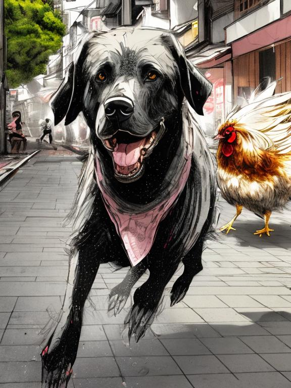 Prompt: a black dog wearing clothes chasing a chicken in the streets in japan, sketch, detailed background, highres, fun atmosphere, natural lighting, pastel colors, abstract, fun