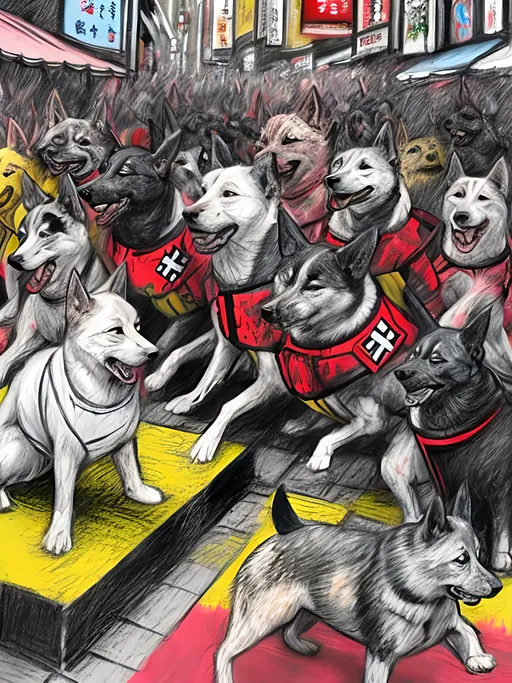 Prompt: pop art chalk pastel art of detailed dogs wearing nazi uniforms playing in the streets in japan during a festival, sketch, detailed background, highres, fun atmosphere, natural lighting,  abstract, fun