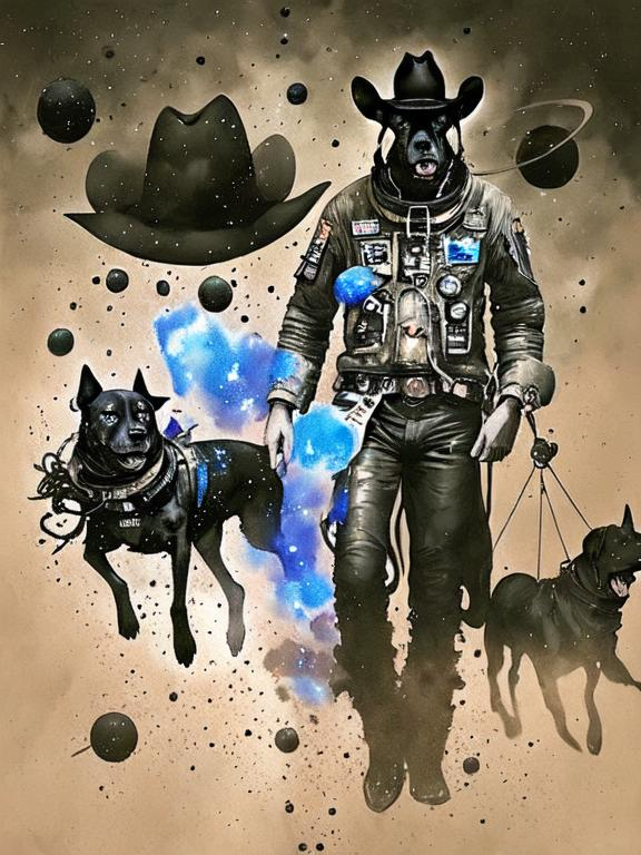 Prompt: Surrealism black dogs in cowboy outfits in space, abstract art style, cowboy hat, eerie atmosphere, floating celestial bodies, mysterious nebulae, dreamlike, surreal, high contrast, otherworldly, abstract, space, astronaut, eerie atmosphere, celestial bodies, dreamlike, surreal, high contrast, mysterious, nebulae, dogs