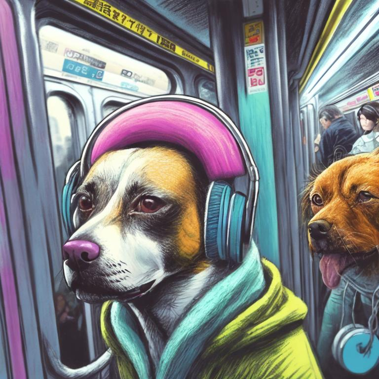 Prompt: pop art chalk pastel art of a detailed dog listening to music on the subway train in cyberpunk japan with planes in the background, sketch, detailed background, highres, fun atmosphere, natural lighting,  abstract, fun