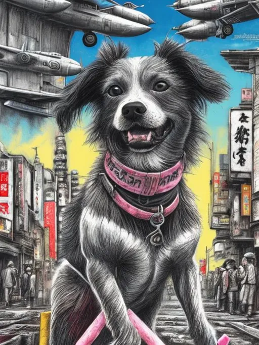 Prompt: pop art chalk pastel art of a detailed dog on the streets in post-apocalyptic Japan during a festival with planes in the background, sketch, detailed background, highres, fun atmosphere, natural lighting,  abstract, fun